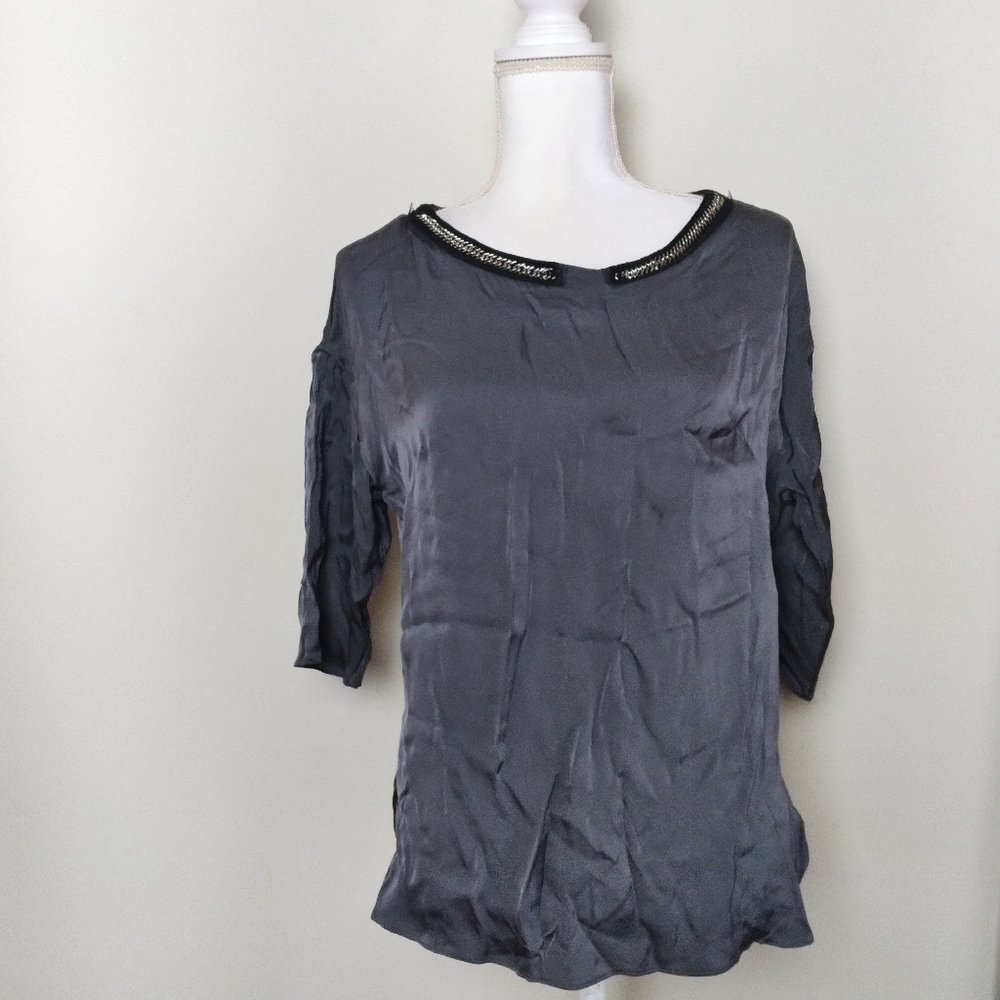 Milly Gray Silk Blend Chain Half Sleeve Blouse